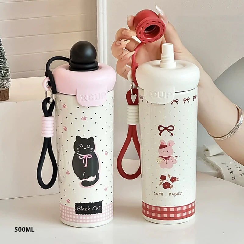 〔R〕Cartoon Animal Float Ball Water Bottle - 316 Stainless Steel Insulated Tumbler with Straw & Carry Strap for Kids and Students