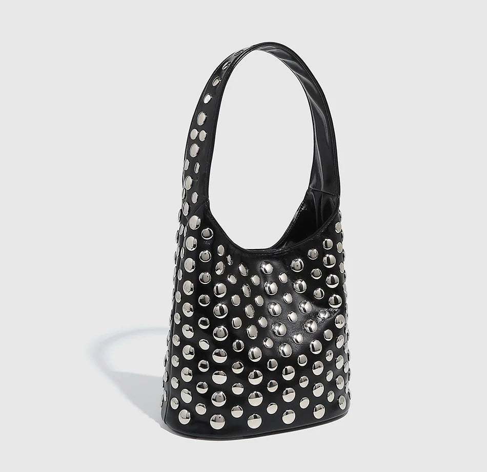 Women's Bags Punk Style Embellished Double-Faced Round Rivet Inlaid Niche Luxury Bucket Bag Chic Lady Underarm Shoulder Bag