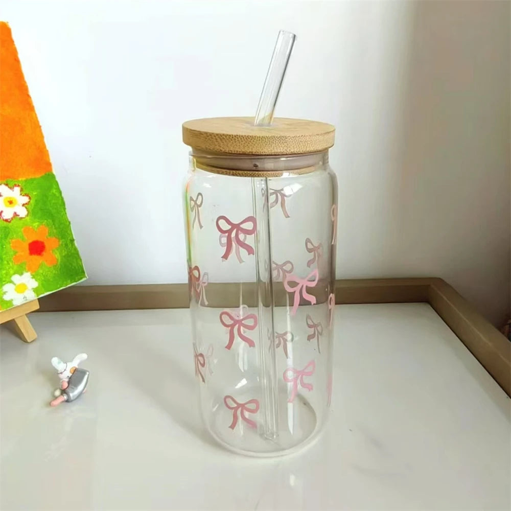 Pink Bow Cute Glass Cups with Lids and Straw Tumbler Glass 500ml for Iced Milk Coffee Smoothie Cocktail Matcha Juice Cup