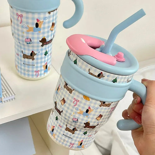 700/1200ml Large Capacity Straw Thermos Cup Stainless Steel Tumbler Bottle Car Travel Mugs With Handle Kawaii Thermos Cup Gift