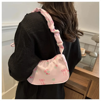 Women's Bag Summer Canvas Pleated Handlebags Armpit Bag Korean Floral Bow Printed Zipper Tote Bag Female Small Shoulder Bags