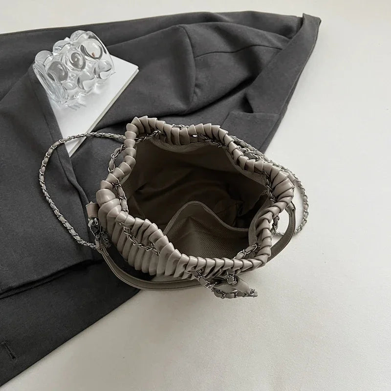 Black Bag For Women Fashion Pleated Strape Design Shoulder Bag Trend Drawstring Bucket Crossbody