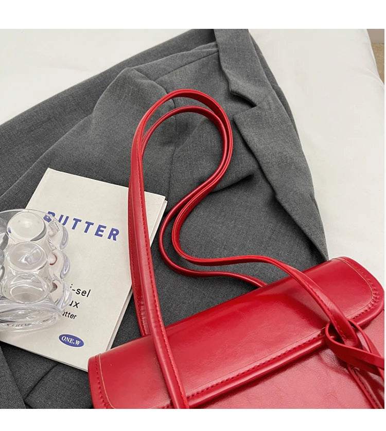 Fashion Red Shoulder Bags For Women Trendy Textured Solid Color Handbag Autumn Winter Versatile Female Underarm Pack