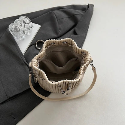 Black Bag For Women Fashion Pleated Strape Design Shoulder Bag Trend Drawstring Bucket Crossbody