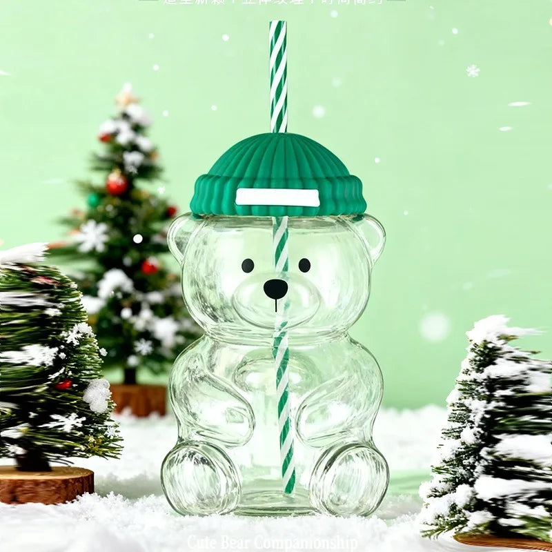 Bear Shape Glass Cup with Straw&Lid Coffee Mug Cute Cartoon Creative Glass Juice Cup Tea Cup Drinkware Gift