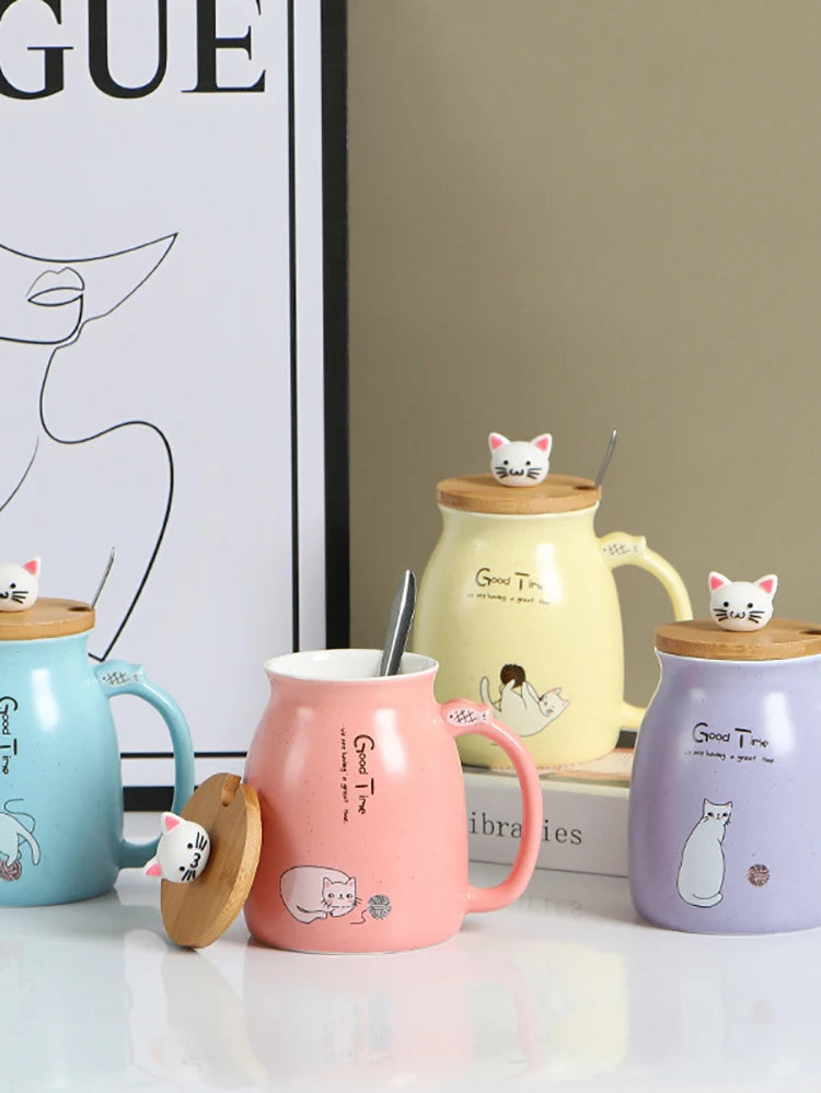 Cute Cartoon Ceramic Cup Japanese Coffee Mug with Wooden Lid and Spoon Iced Yogurt Smoothie Juice Cup Heat-resistant Water Mug