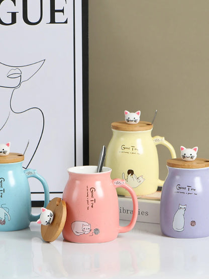 Cute Cartoon Ceramic Cup Japanese Coffee Mug with Wooden Lid and Spoon Iced Yogurt Smoothie Juice Cup Heat-resistant Water Mug