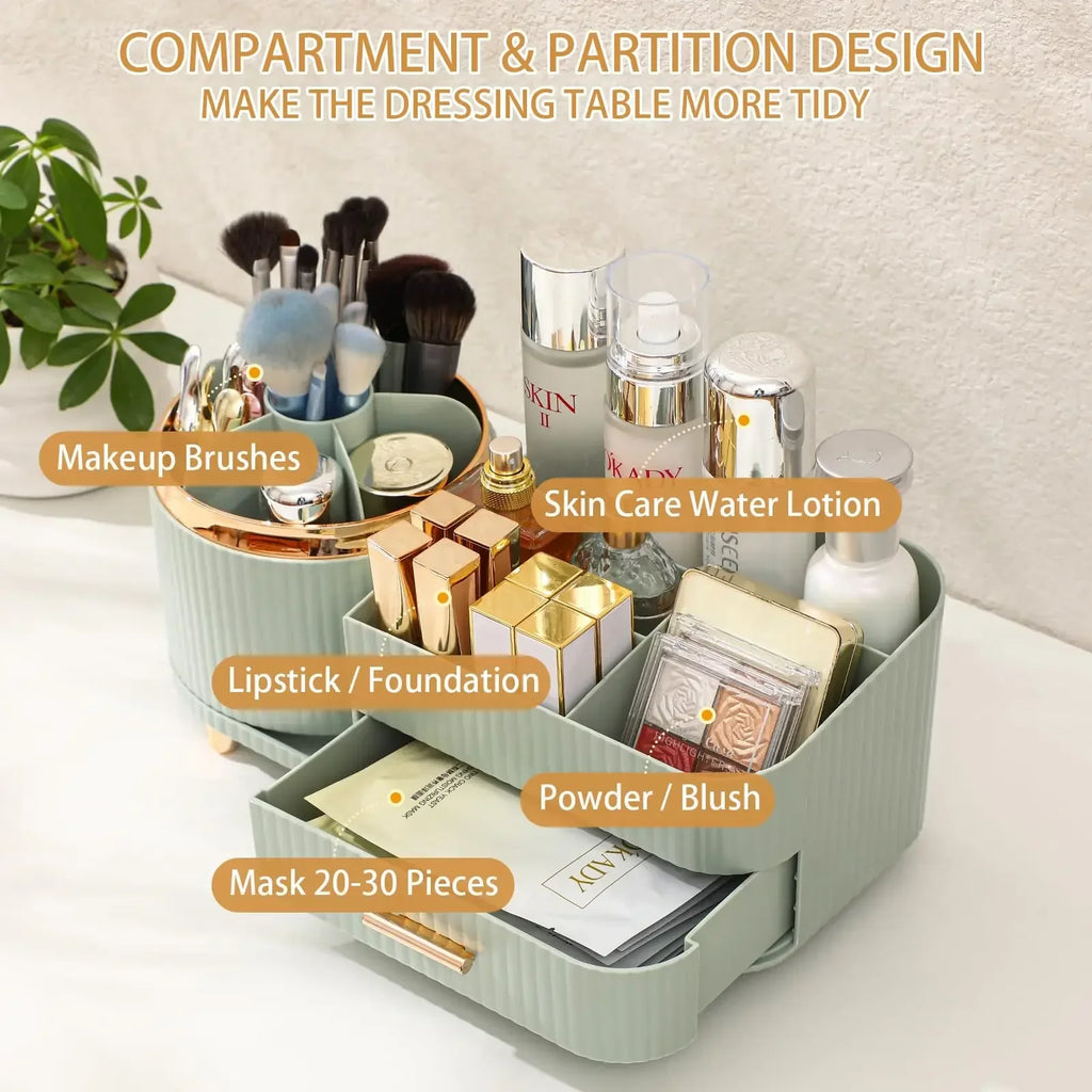 Makeup Brush Holder Large Capacity Skincare Organizer Makeup Organizer Countertop with Drawers 360 Rotating for Vanity Desk NEW
