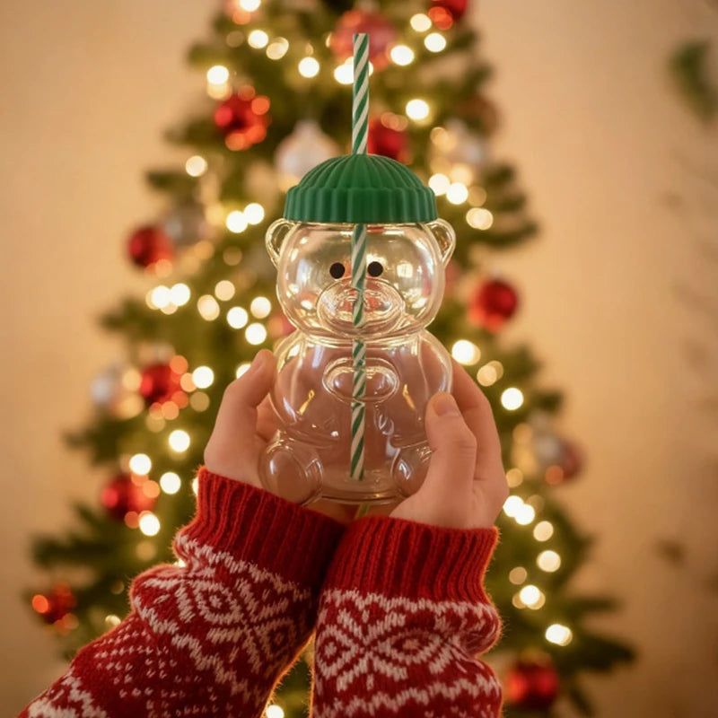 Transparent Bear Shape Plastic Or Glass Cup With Straw Coffee Mug For Men Women Birthday Christmas Gift Beverage Milk Tea Cup