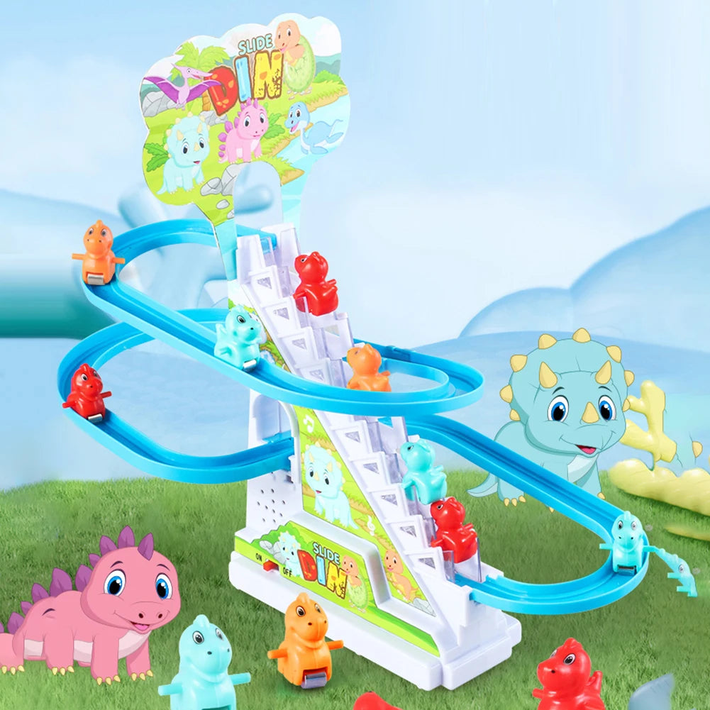 Kids Electric Climbing Stairs Toy DIY Small Penguin Dinosaur Rail Racing Track Music Roller Coaster Duck Toy For Baby Kids Gift