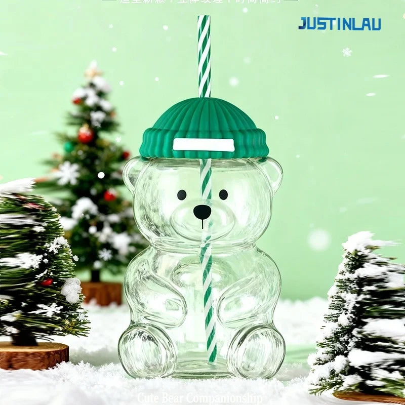 Bear Shape Glass Cup with Straw&Lid Coffee Mug Cute Cartoon Creative Glass Juice Cup Tea Cup Drinkware Gift