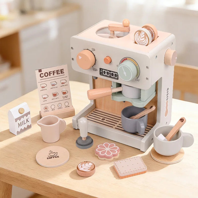 Wooden Kitchen Toy Pretend Play Food Set Dessert Bread Coffee Machine Toys For Girls Boys Role Play Afternoon Tea Game