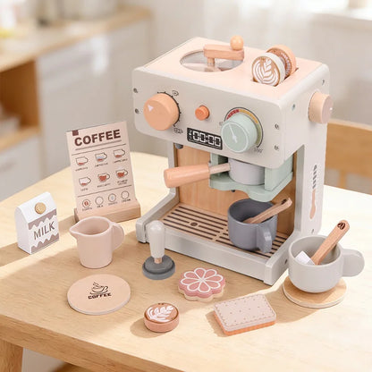 Wooden Kitchen Toy Pretend Play Food Set Dessert Bread Coffee Machine Toys For Girls Boys Role Play Afternoon Tea Game