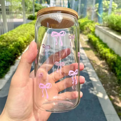 Pink Bow Cute Glass Cups with Lids and Straw Tumbler Glass 500ml for Iced Milk Coffee Smoothie Cocktail Matcha Juice Cup