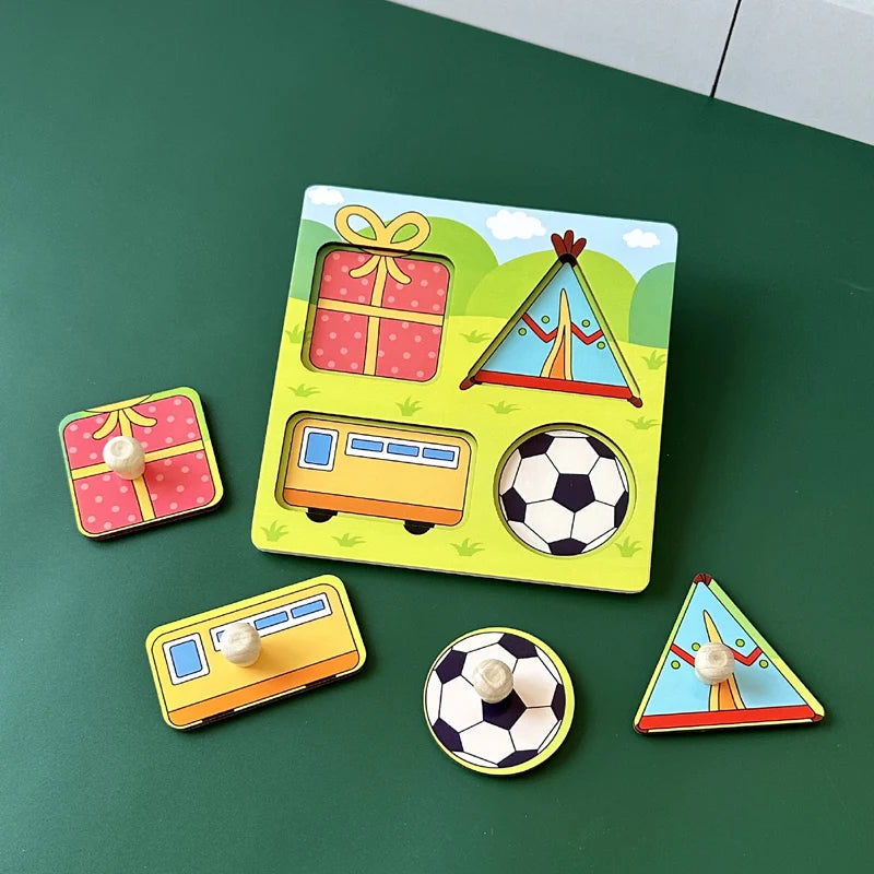 Baby Toys Montessori Wooden Puzzles Hand Grab Boards Toys Kids Early Learning Educational Cartoon Animal Fruit Vehicle Cognitive