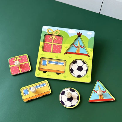 Baby Toys Montessori Wooden Puzzles Hand Grab Boards Toys Kids Early Learning Educational Cartoon Animal Fruit Vehicle Cognitive