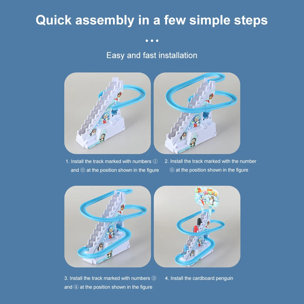 Kids Electric Climbing Stairs Toy DIY Small Penguin Dinosaur Rail Racing Track Music Roller Coaster Duck Toy For Baby Kids Gift