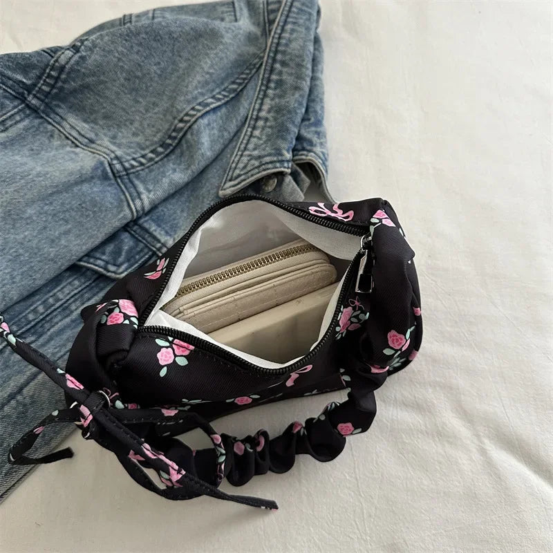 Women's Bag Summer Canvas Pleated Handlebags Armpit Bag Korean Floral Bow Printed Zipper Tote Bag Female Small Shoulder Bags