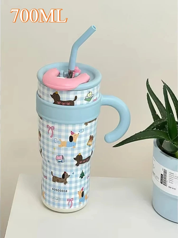 700/1200ml Large Capacity Straw Thermos Cup Stainless Steel Tumbler Bottle Car Travel Mugs With Handle Kawaii Thermos Cup Gift