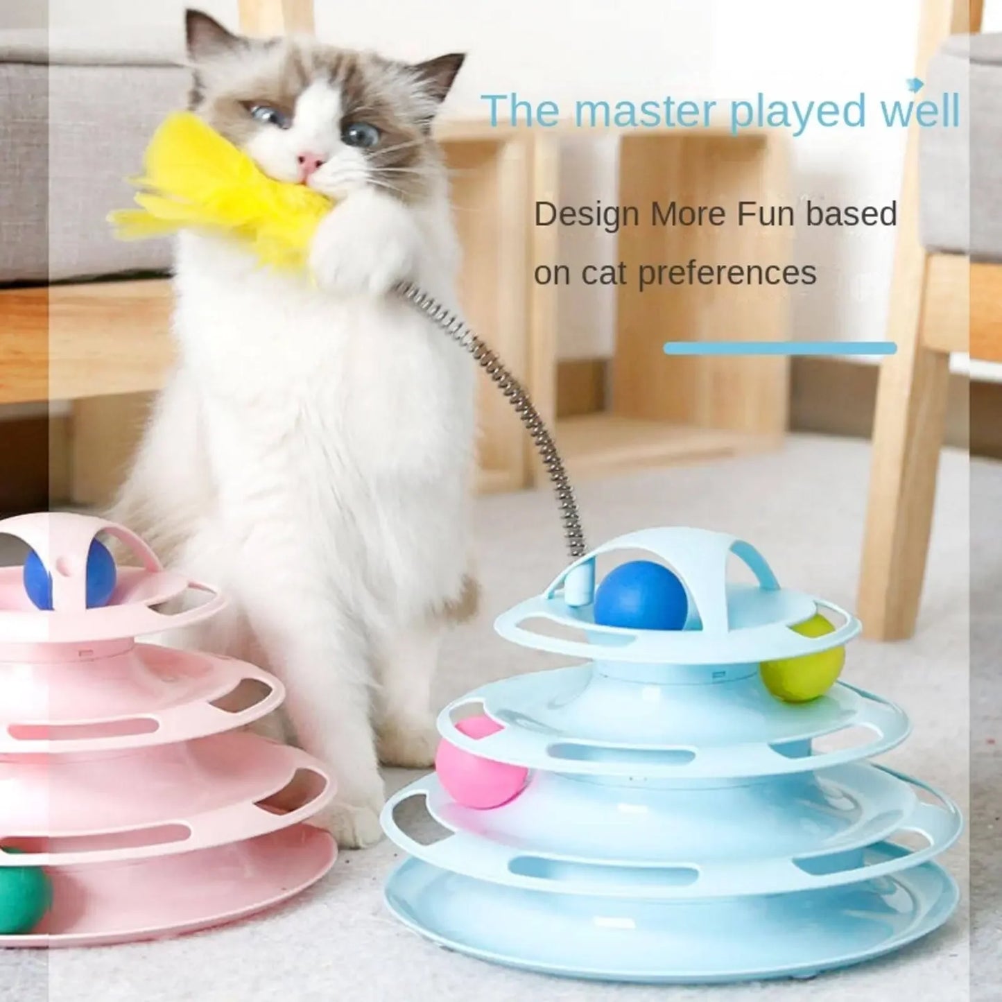 Turnable Toys 4 Levels for Cats Accessories Tower Tracks with Balls Cat Toy Interactive Intelligence Training with Fun Cat Stick