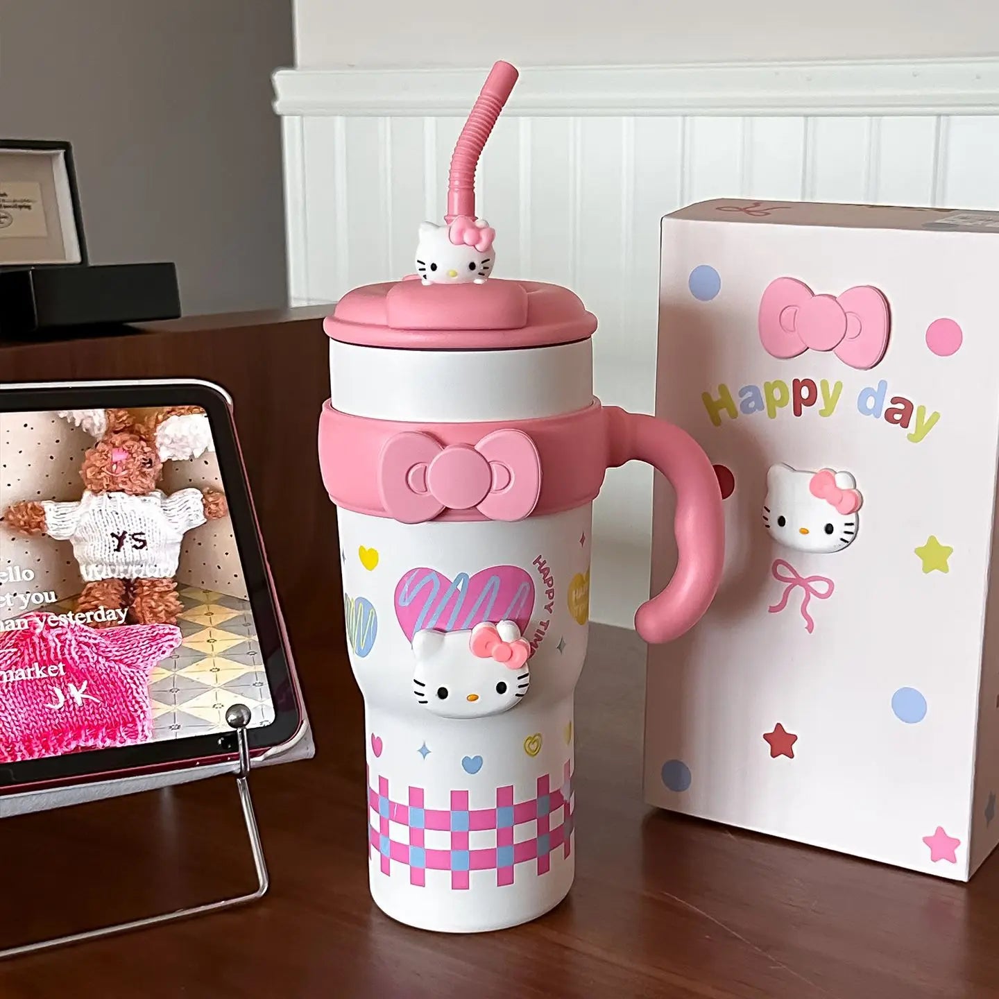 Sanrio Hello Kitty Large Tumbler with Handle, 316 Stainless Steel Straw Cup Insulated, Cute Water Bottle for Women Girls