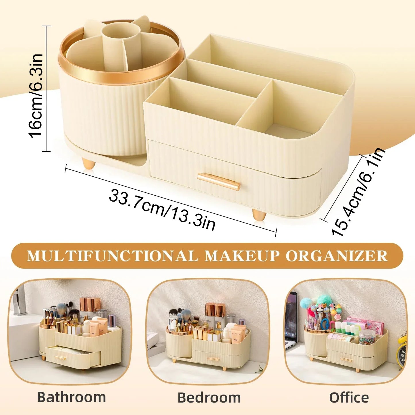 Makeup Brush Holder Large Capacity Skincare Organizer Makeup Organizer Countertop with Drawers 360 Rotating for Vanity Desk NEW