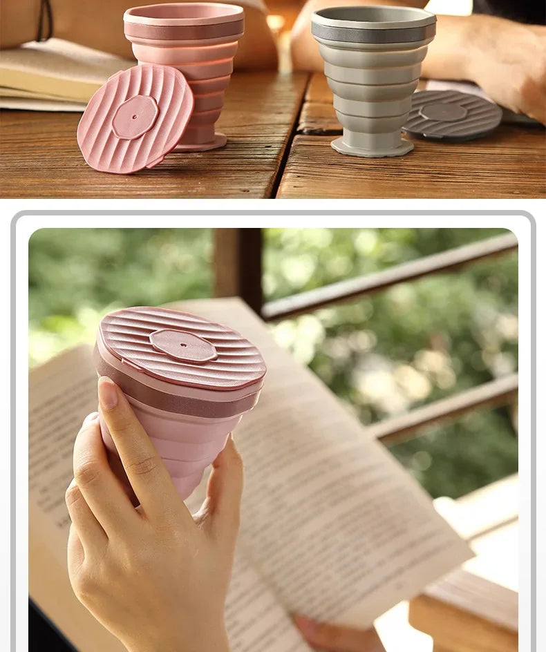 Folding Cups 220ml BPA FREE Food Grade Water Cup with lid Travel Silicone Retractable Coloured Portable Outdoor Coffee Handcup