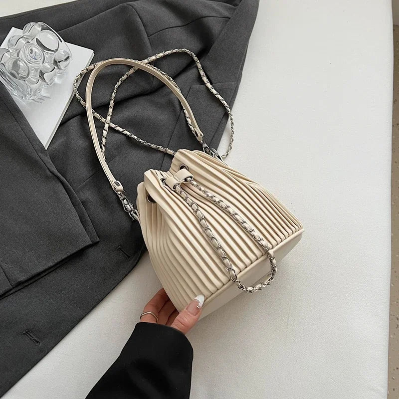 Black Bag For Women Fashion Pleated Strape Design Shoulder Bag Trend Drawstring Bucket Crossbody