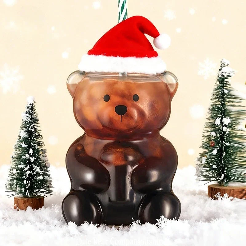 Bear Shape Glass Cup with Straw&Lid Coffee Mug Cute Cartoon Creative Glass Juice Cup Tea Cup Drinkware Gift