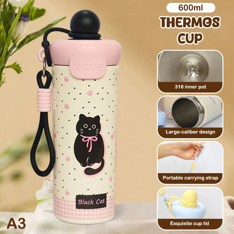 〔R〕Cartoon Animal Float Ball Water Bottle - 316 Stainless Steel Insulated Tumbler with Straw & Carry Strap for Kids and Students