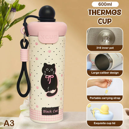 Cartoon Animal Float Ball Water Bottle - 316 Stainless Steel Insulated Tumbler with Straw & Carry Strap for Kids and Students