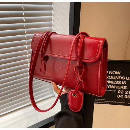 Fashion Red Shoulder Bags For Women Trendy Textured Solid Color Handbag Autumn Winter Versatile Female Underarm Pack