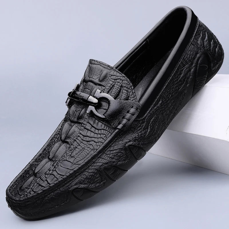 Mens Slip On Loafers Genuine Leather Casual Shoes Driving Moccasins Flats Luxury Brand Classic Black Handmade