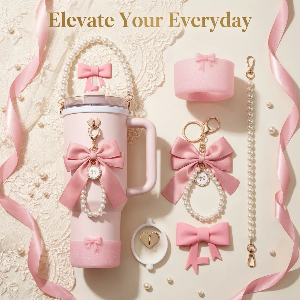 6pcs Tumbler Accessories Set for Stanley 40oz 30oz Cup, Perfect Gift, Coquette Bow & Pearl Style Water Bottle Decor for Gift