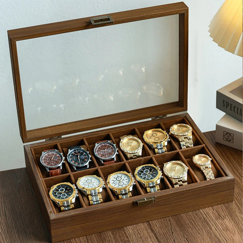 12 Slot Wooden Watch Box with Glass Lid Outside Wood Watch Display Case Gift Box Storage Organizer Props