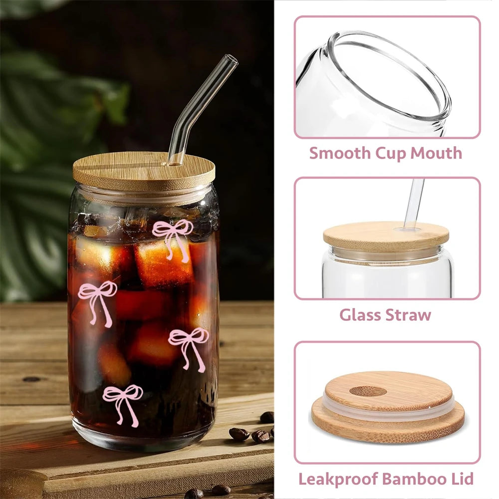 Pink Bow Cute Glass Cups with Lids and Straw Tumbler Glass 500ml for Iced Milk Coffee Smoothie Cocktail Matcha Juice Cup