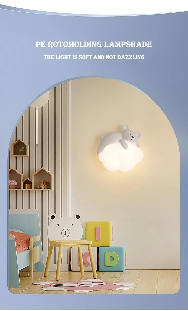 Cute Children's Room Bedside Wall Lamp Bear Rabbit Cloud Lamp Creative Cream Style Baby Room Nursery Boy Girl Bedroom Wall Light