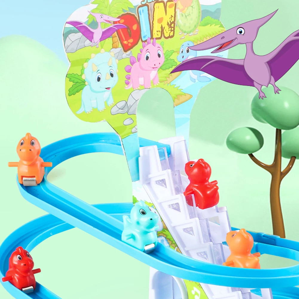 Kids Electric Climbing Stairs Toy DIY Small Penguin Dinosaur Rail Racing Track Music Roller Coaster Duck Toy For Baby Kids Gift