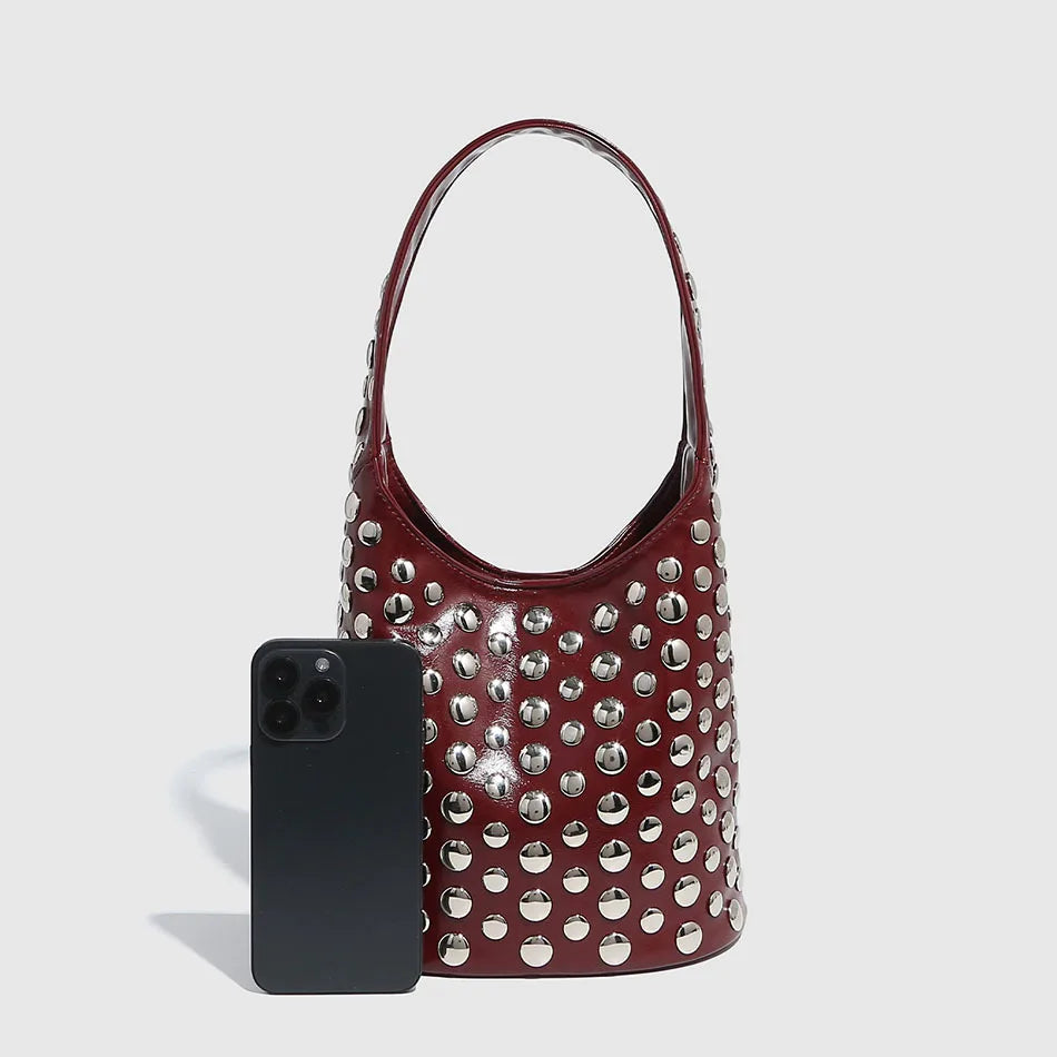 Women's Bags Punk Style Embellished Double-Faced Round Rivet Inlaid Niche Luxury Bucket Bag Chic Lady Underarm Shoulder Bag