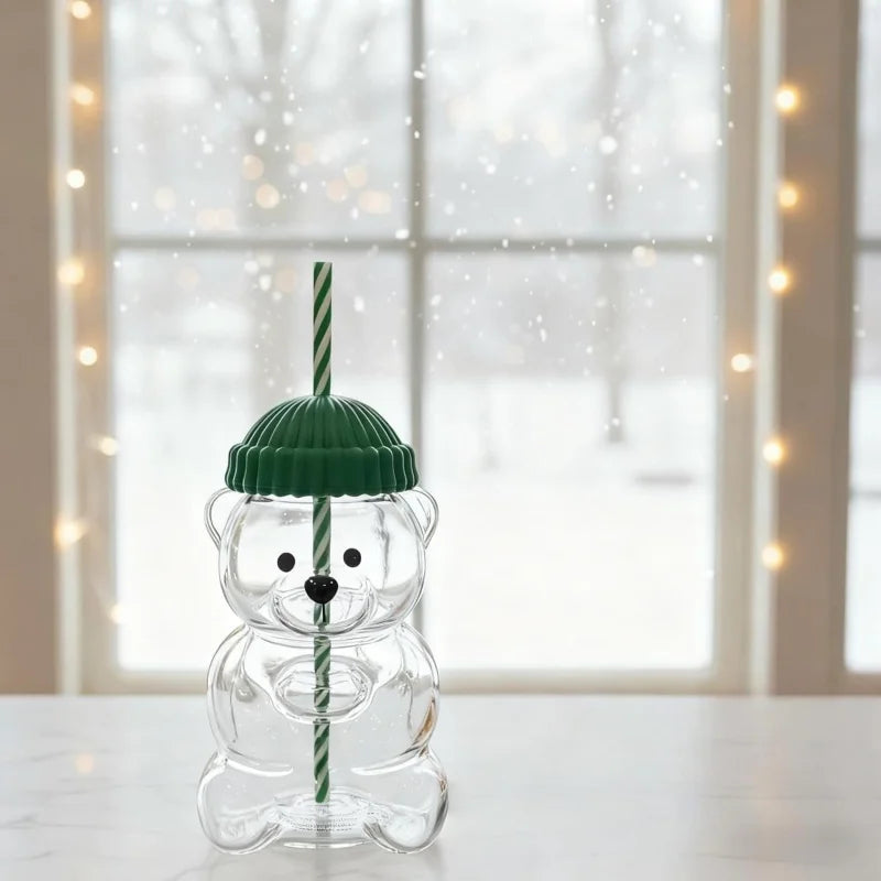 Bear Shape Glass Cup with Straw&Lid Coffee Mug Cute Cartoon Creative Glass Juice Cup Tea Cup Drinkware Gift