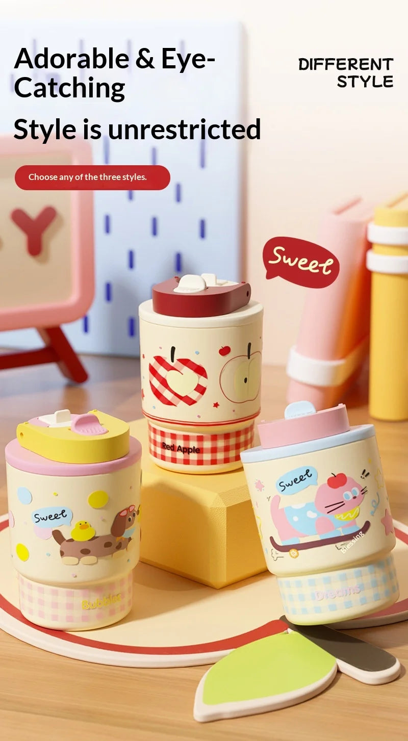 Cute Double Opening Insulated Tumbler for Women & Children with Straw and Sip Lid Portable Coffee Water Bottle Gift Idea