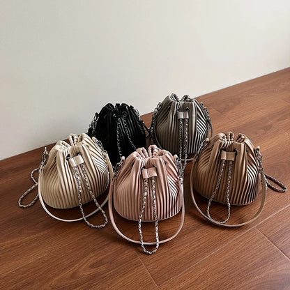 Black Bag For Women Fashion Pleated Strape Design Shoulder Bag Trend Drawstring Bucket Crossbody
