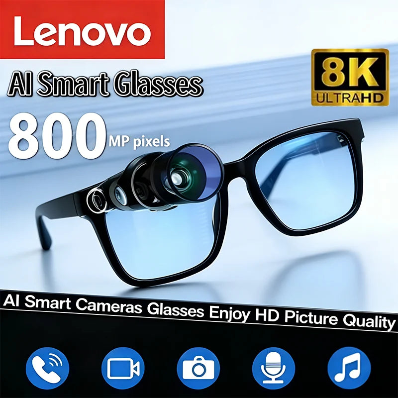 Lenovo 2026 New 8K Bluetooth AI Glasses 1200MP HD Camera Chat GPT Voice Assistant Music Player Translate Call Smart Sunglasses