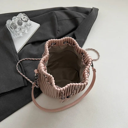 Black Bag For Women Fashion Pleated Strape Design Shoulder Bag Trend Drawstring Bucket Crossbody