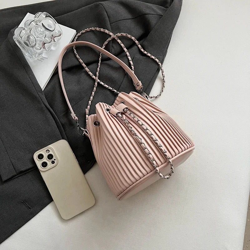 Black Bag For Women Fashion Pleated Strape Design Shoulder Bag Trend Drawstring Bucket Crossbody
