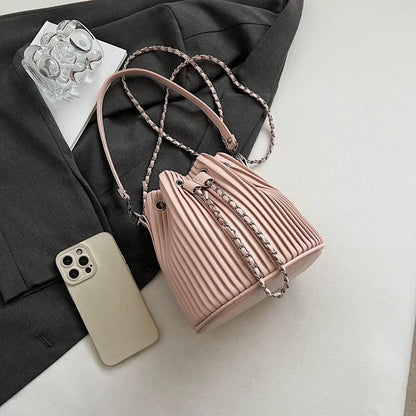 Black Bag For Women Fashion Pleated Strape Design Shoulder Bag Trend Drawstring Bucket Crossbody