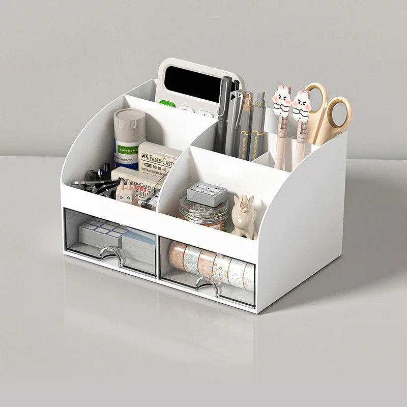 Home Office Desktop Stationery Storage Box 6 Compartments 2 Drawers Decorative Desk Organizer Dressing Table Makeup Storage Case