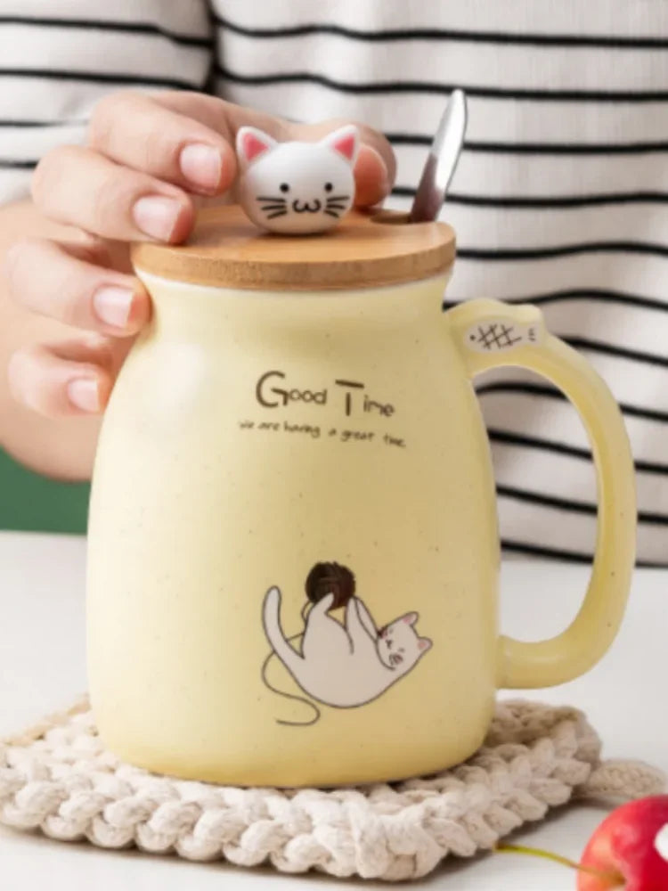 Cute Cartoon Ceramic Cup Japanese Coffee Mug with Wooden Lid and Spoon Iced Yogurt Smoothie Juice Cup Heat-resistant Water Mug
