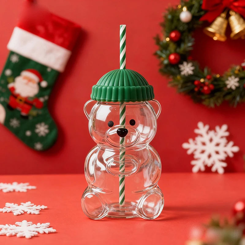 Transparent Bear Shape Plastic Or Glass Cup With Straw Coffee Mug For Men Women Birthday Christmas Gift Beverage Milk Tea Cup