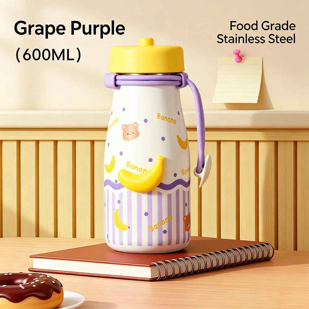 600ml Cute Cartoon Stainless Steel Water Bottle Leakproof Double Wall Insulated Tumbler with Portable Lanyard Students Outdoor